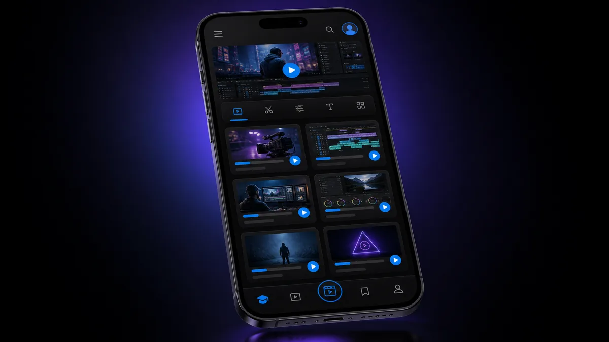 四虎_剪辑调色特效后期教程 移动 APP 界面预览，暗色主题课程网格